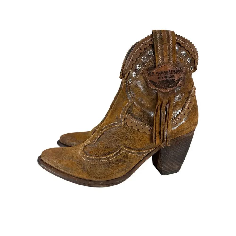 El Vaquero Women’s Pecos Ankle Boots Brown Leather Fringe Studded Size 41 Boho